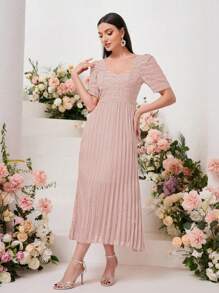 Modelyn 雞心領口泡泡袖百褶下擺連衣裙 - 藕粉色 - 查看 4