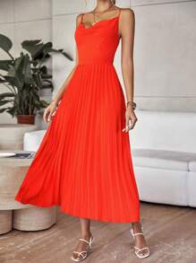 SHEIN Privé Draped Collar Pleated Hem Cami Dress - Burnt Orange - View 1
