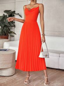 SHEIN Privé Draped Collar Pleated Hem Cami Dress - Burnt Orange - View 4