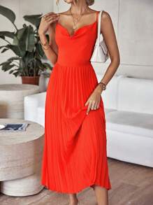 SHEIN Privé Draped Collar Pleated Hem Cami Dress - Burnt Orange - View 6