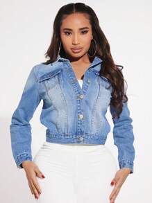 SHEIN SXY Flap Pocket Button Front Denim Jacket - Light Wash - View 1