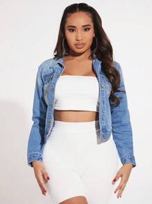 SHEIN SXY Flap Pocket Button Front Denim Jacket - Light Wash - View 4