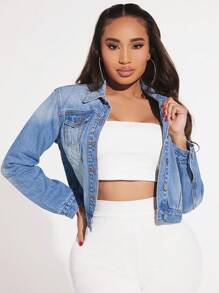 SHEIN SXY Flap Pocket Button Front Denim Jacket - Light Wash - View 5