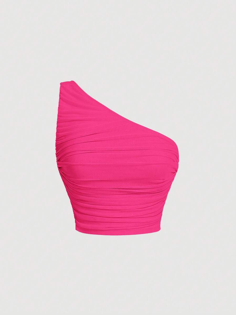 SHEIN MOD 粉色不對稱夏季網眼單肩褶皺上衣 - 玫紅色 - 查看 1