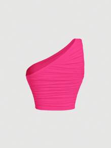 SHEIN MOD 粉色不對稱夏季網眼單肩褶皺上衣 - 玫紅色 - 查看 2