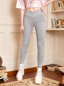 ROMWE Solid V Cut Waistband Leggings