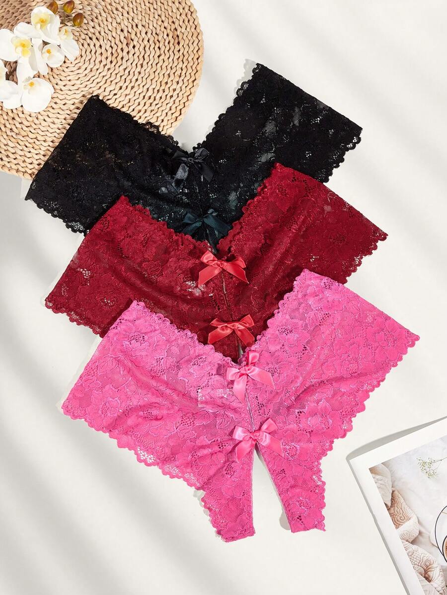 Snug Zone Plus 3pack Floral Lace Bow Front Crotchless Panty - Multicolor - View 1