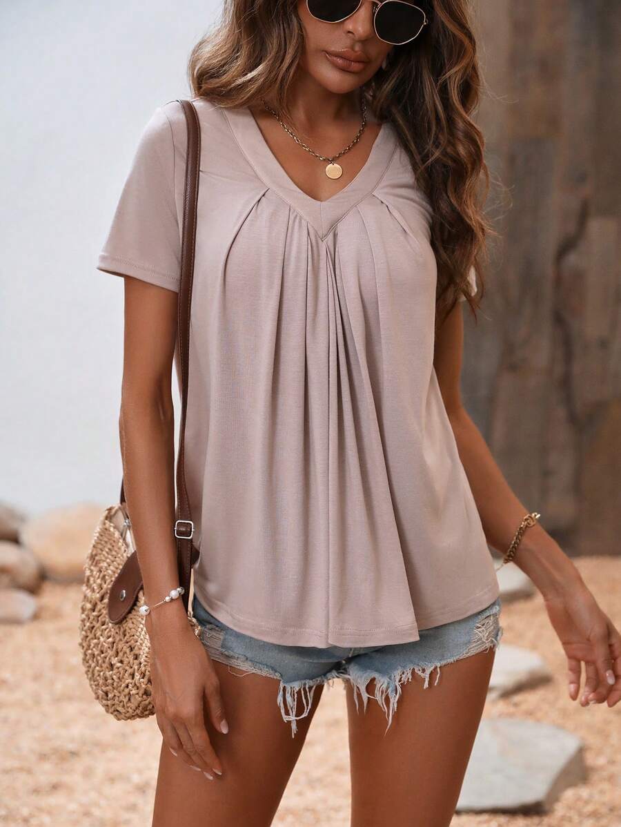SHEIN LUNE Chất rắn Cổ v Áo thun - Màu be - Xem 1