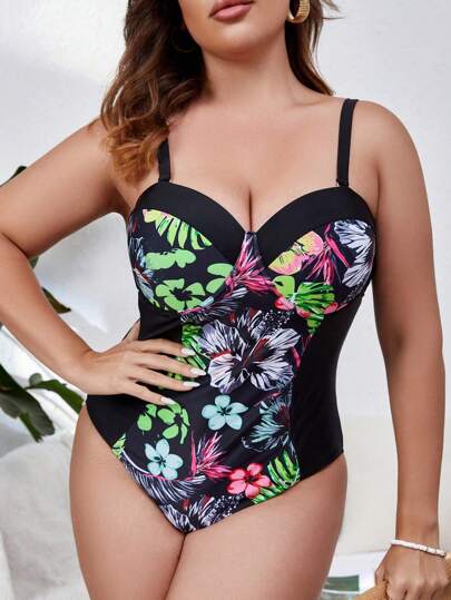SHEIN Swim Curve 大碼熱帶圖案聚攏連身泳裝