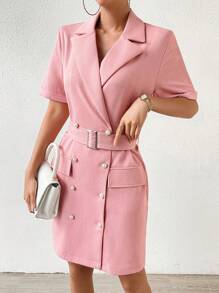 SHEIN Privé Lapel Neck Double Breasted Belted Blazer Dress - Dusty Pink - View 3