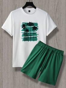 Manfinity Hypemode 男士熱帶圖案T恤&腰部抽繩短褲 - 彩色 - 查看 6