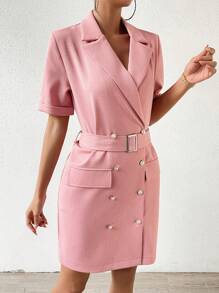 SHEIN Privé Lapel Neck Double Breasted Belted Blazer Dress - Dusty Pink - View 4
