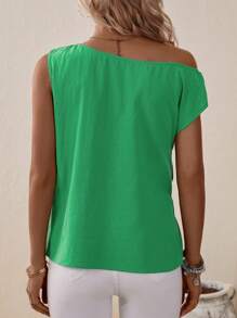 SHEIN Clasi Áo sơ mi nữ Bất đối xứng Thắt nơ trước màu trơn Giải trí - màu xanh lá - Xem 2