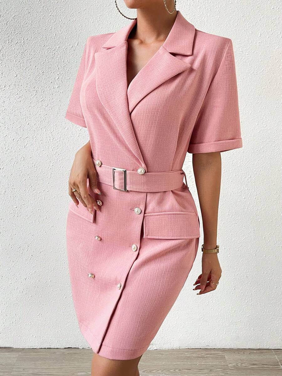 SHEIN Privé Lapel Neck Double Breasted Belted Blazer Dress - Dusty Pink - View 1