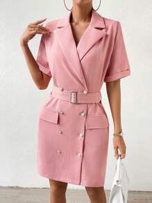 SHEIN Privé Lapel Neck Double Breasted Belted Blazer Dress - Dusty Pink - View 6