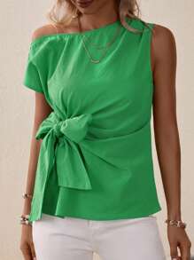 SHEIN Clasi Áo sơ mi nữ Bất đối xứng Thắt nơ trước màu trơn Giải trí - màu xanh lá - Xem 4