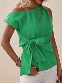 SHEIN Clasi Áo sơ mi nữ Bất đối xứng Thắt nơ trước màu trơn Giải trí - màu xanh lá - Xem 6