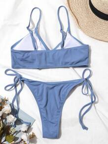 SHEIN Swim Summer Beach Solid Rib Tie Front Thong Bikini - Dusty Blue - View 2