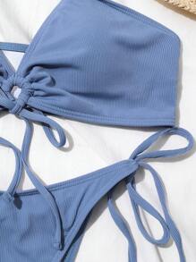SHEIN Swim Summer Beach Solid Rib Tie Front Thong Bikini - Dusty Blue - View 4