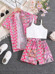 SHEIN Toddler Girls Solid Cami Top & Allover Print Shorts & Blouse - Multicolor - View 1