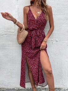 Breezaya 小碎花圖案開衩腰帶吊帶連衣裙 - 酒紅色 - 查看 1