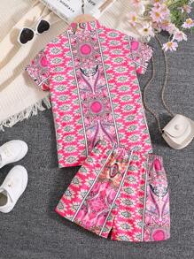 SHEIN Toddler Girls Solid Cami Top & Allover Print Shorts & Blouse - Multicolor - View 2