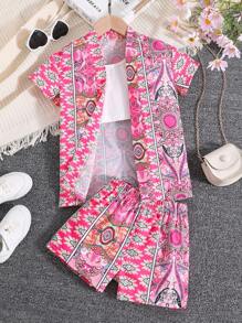 SHEIN Toddler Girls Solid Cami Top & Allover Print Shorts & Blouse - Multicolor - View 3