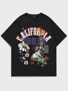 ROMWE MEN Street Life Guys Floral & Letter Graphic Drop Shoulder Tee