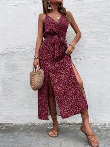 Breezaya 小碎花圖案開衩腰帶吊帶連衣裙 - 酒紅色 - 查看 4