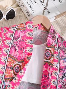 SHEIN Toddler Girls Solid Cami Top & Allover Print Shorts & Blouse - Multicolor - View 4