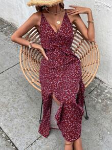 Breezaya 小碎花圖案開衩腰帶吊帶連衣裙 - 酒紅色 - 查看 5