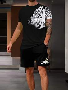 Manfinity LEGND Men Tiger & Letter Graphic Tee & Shorts - Black - View 1