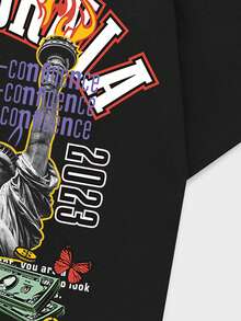 ROMWE MEN Street Life Guys Floral & Letter Graphic Drop Shoulder Tee