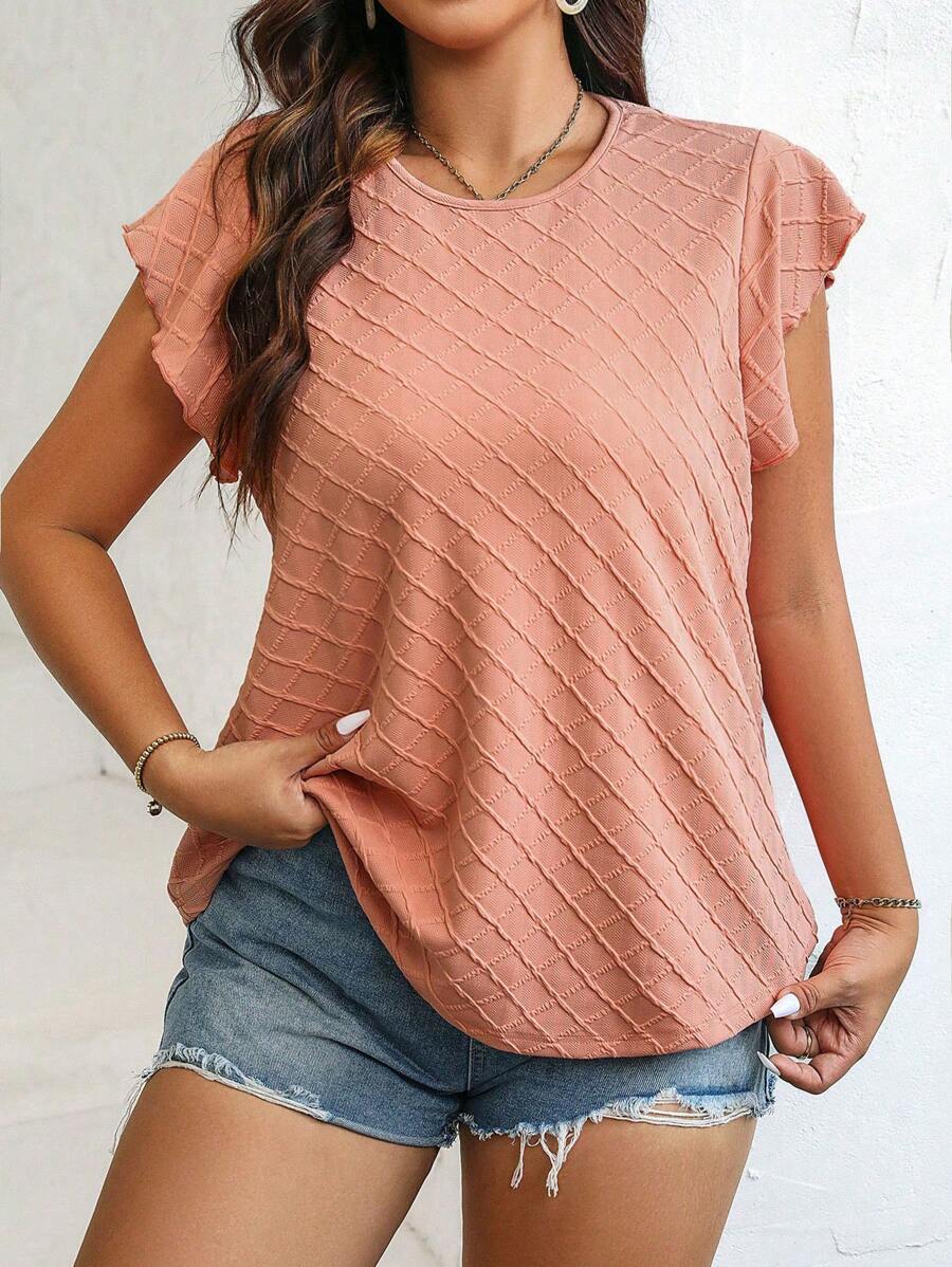 SHEIN LUNE Hơn Chất rắn áo tay bướm Áo thun - Màu Hồng  San hô - Xem 1