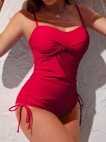 Swim Lushoire 1 Bộ đồ bơi màu trơn có dây đeo có thể điều chỉnh cho kỳ nghỉ hè ở khu nghỉ dưỡng/bãi biển - Đỏ - Xem 3