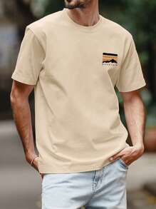 男士简约山地元素印花短袖T恤 - 杏色 - 查看 5