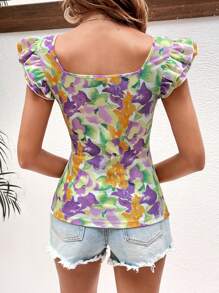 SHEIN VCAY Camiseta con estampado floral ribete con fruncido - Multicolor - Ver 2