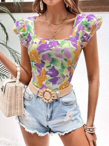 SHEIN VCAY Camiseta con estampado floral ribete con fruncido - Multicolor - Ver 3