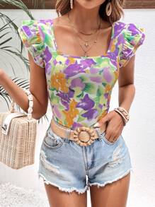 SHEIN VCAY Camiseta con estampado floral ribete con fruncido - Multicolor - Ver 5
