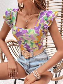 SHEIN VCAY Camiseta con estampado floral ribete con fruncido - Multicolor - Ver 6