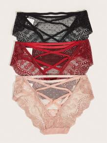 3入組交叉花邊褲式女用內衣褲 - 彩色 - 查看 2