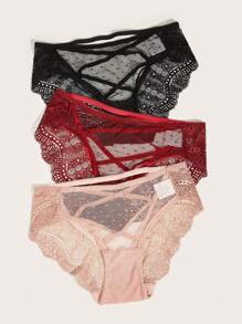 3入組交叉花邊褲式女用內衣褲 - 彩色 - 查看 3