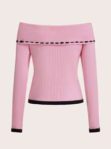 ROMWE Kawaii Off Shoulder Bow Front Contrast Trim Sweater - Pink - View 2