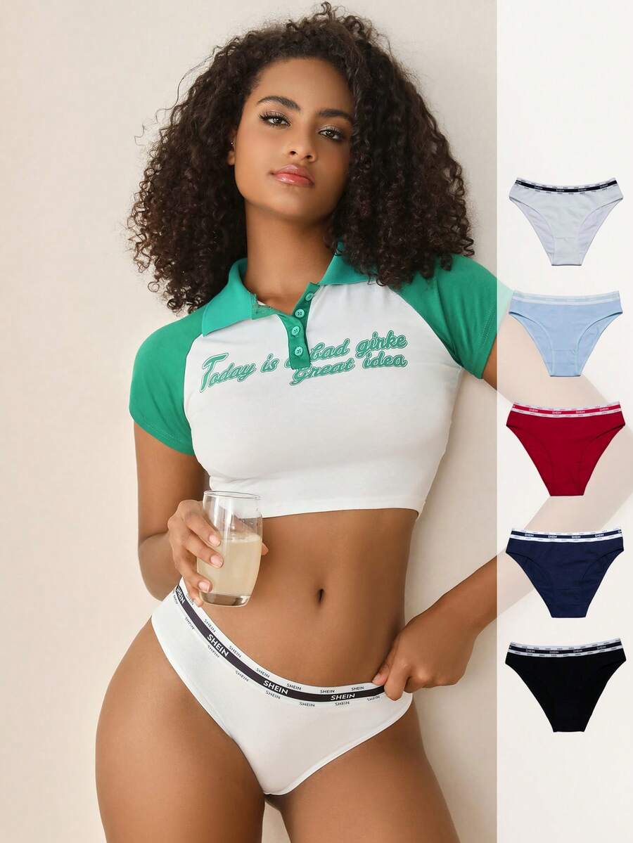 5 piezas Calzoncillos cinta con estampado de letra cintura unido en contraste - Multicolor - Ver 1