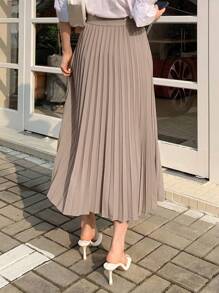 DAZY 女士纯色学院风百褶裙 夏季 - 摩卡棕 - 查看 2