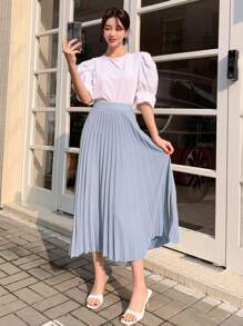 DAZY Women's Solid Color Preppy Style Pleated Skirt Summer - Blue - View 4