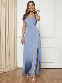 SHEIN Belle 素色高衩吊帶裙伴娘禮服 - 霧霾藍 - 查看 6