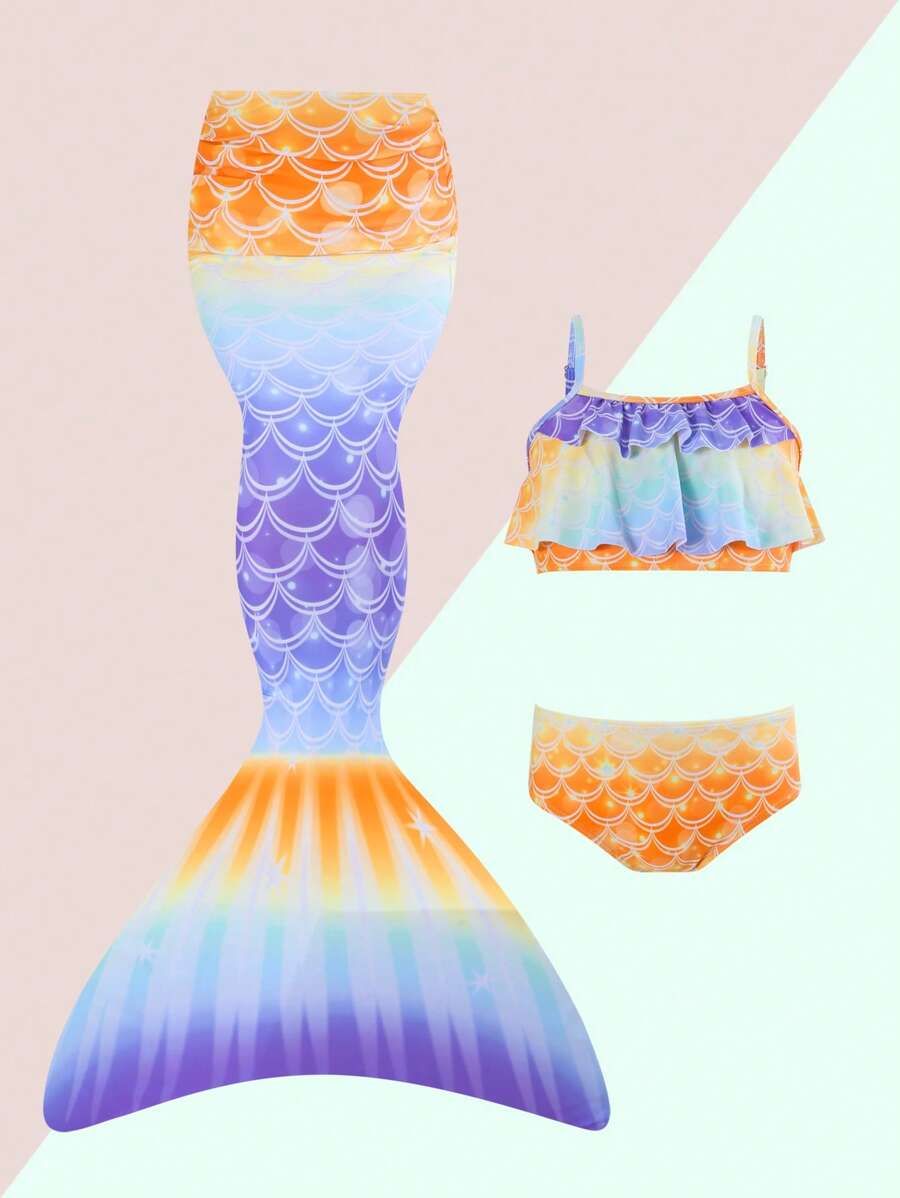 Young Girl Scales Print Mermaid Tail Set - Multicolor - View 1