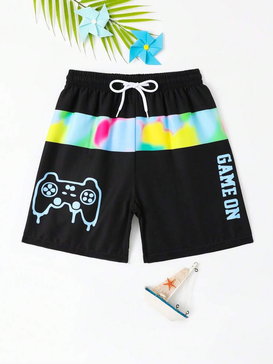 Tween Boy Gamepad & Letter Graphic Drawstring Waist Swim Shorts - Black - View 1