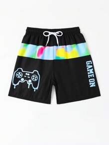 Tween Boy Gamepad & Letter Graphic Drawstring Waist Swim Shorts - Black - View 3